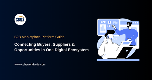 Illustration of a B2B marketplace platform connecting buyers and suppliers through a centralized digital ecosystem with procurement workflows, product catalogs, supplier management, and business transactions.