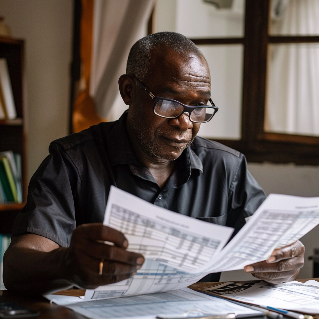 Man sitting at a desk reading financial documents in a home office setting.