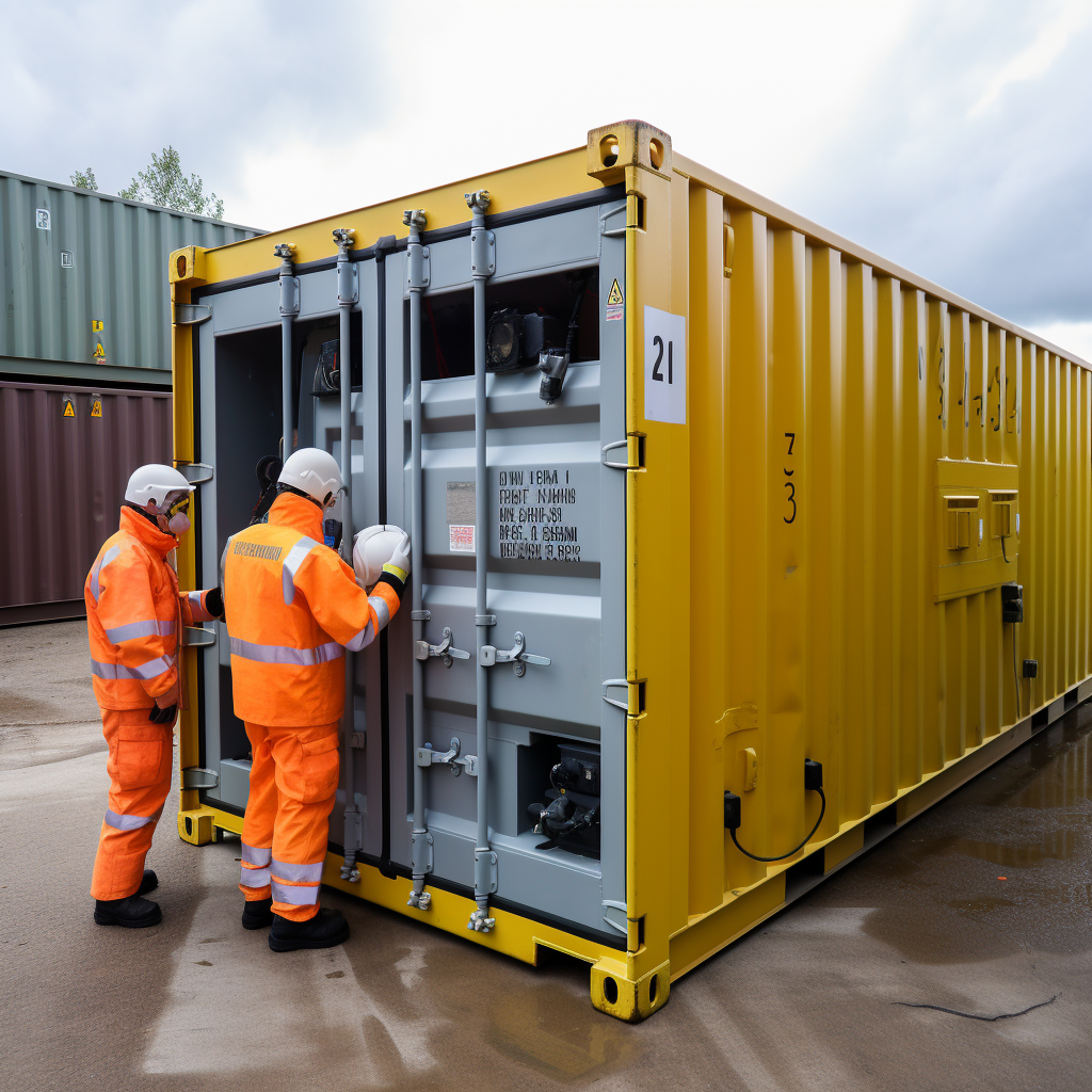 Two workers in orange safety gear opening a yellow shipping container.