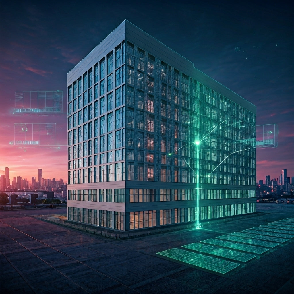 Modern building with futuristic design elements at night using Digital Twin software system