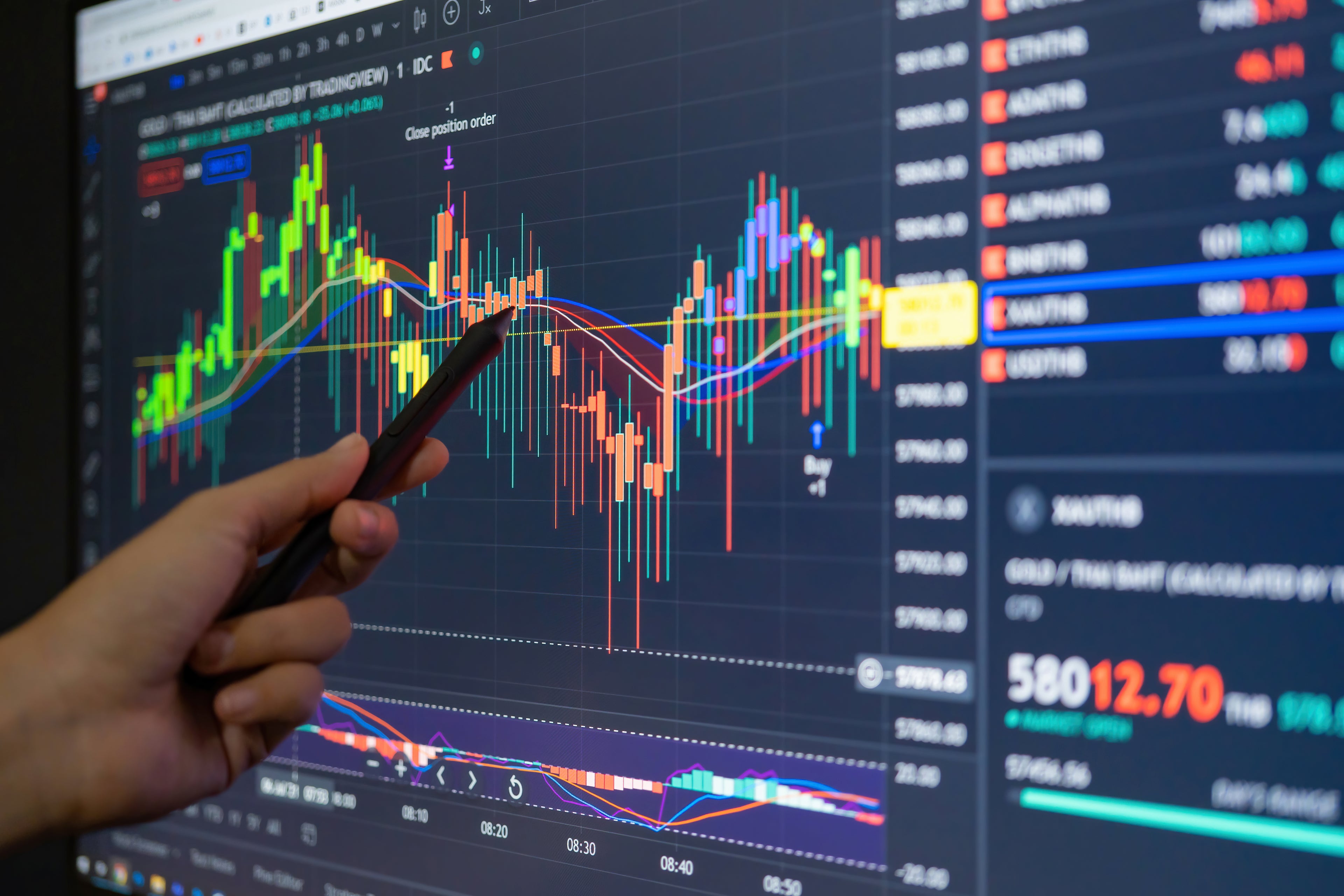Person using a smartphone to view stock market data on a large screen