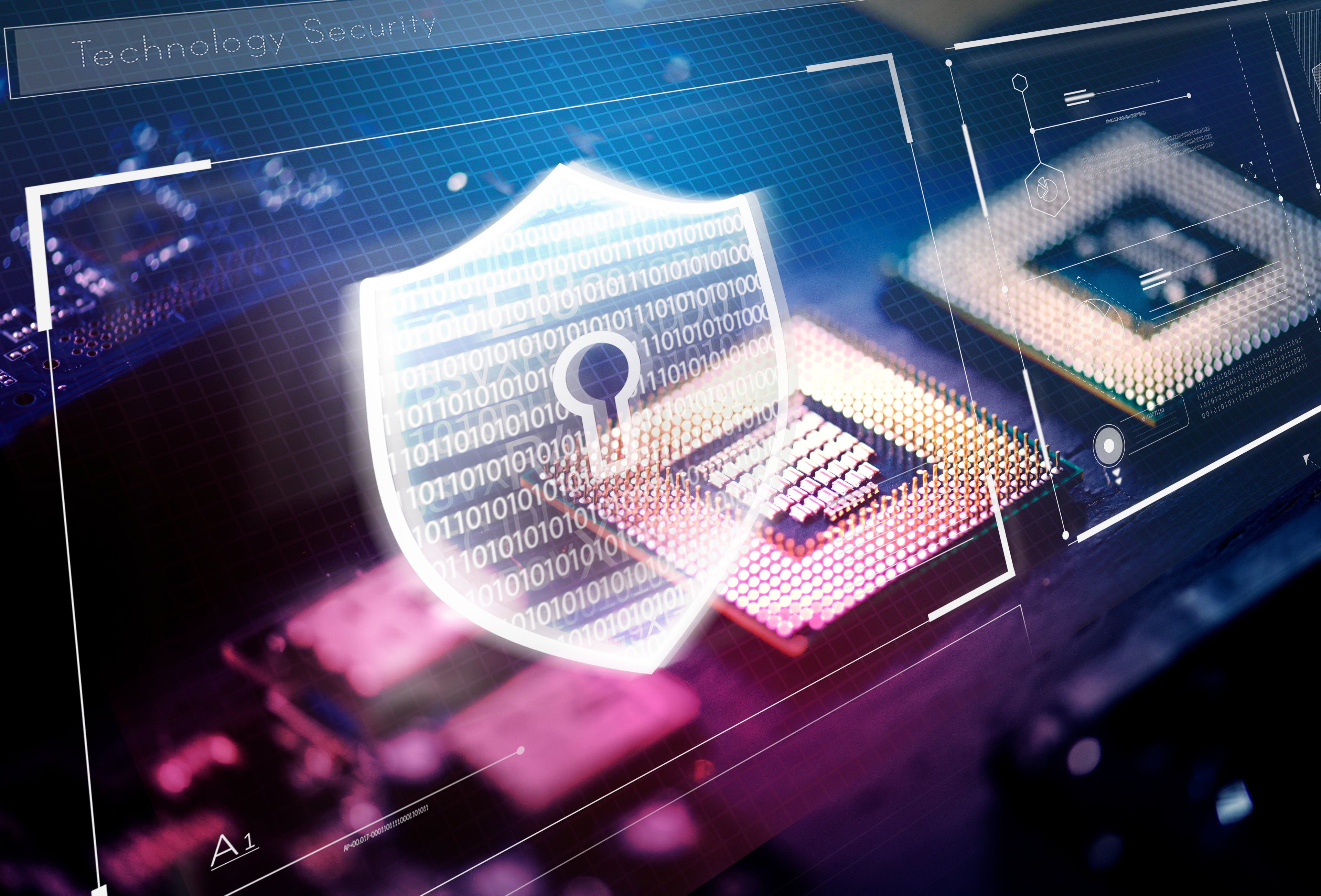 Shield with binary code and computer chip on a technology security theme background.