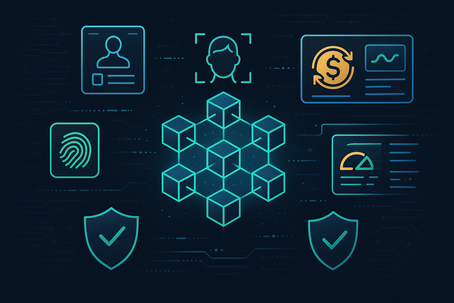 Set of digital icons on a dark background blockchain system secure your document verification.