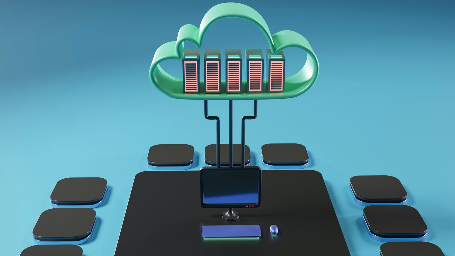 A 3D digital illustration of a cloud server setup, featuring a green cloud graphic containing four server racks, connected to a central computer monitor and keyboard on a black desk, with additional device icons arranged around it on a blue gradient background. Cloud-based EV management platform enabling secure remote access to fleet and charging data.