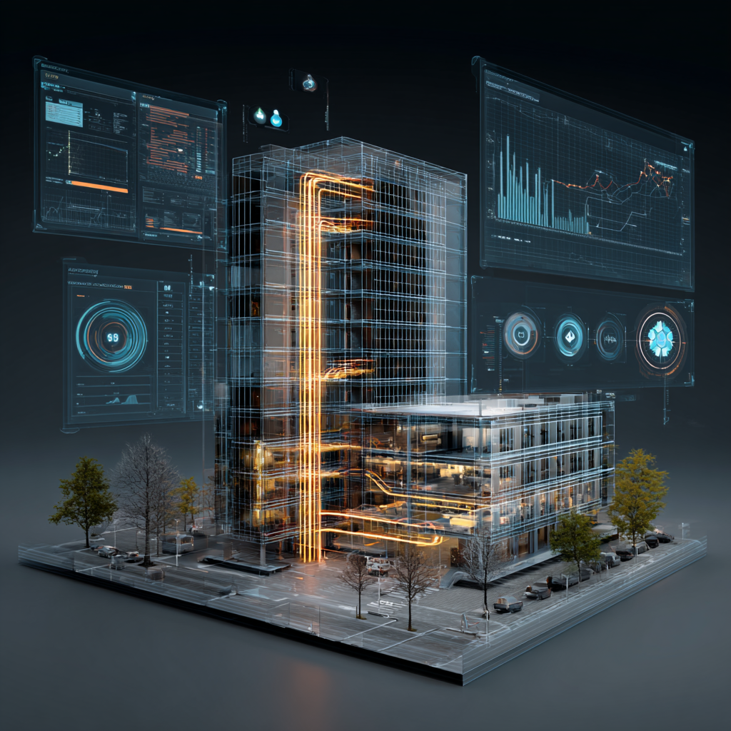 digital twin building with digital interface elements on a dark background