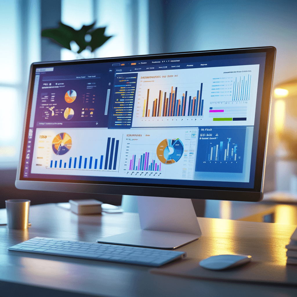 Computer monitor displaying a detailed Digital twin roi revenue with graphs and charts on a desk.