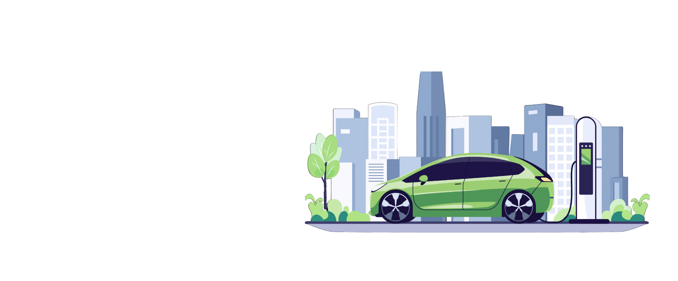 Flat vector illustration of a green electric car charging at a charging station, set against a stylized city skyline with trees on a white background.
