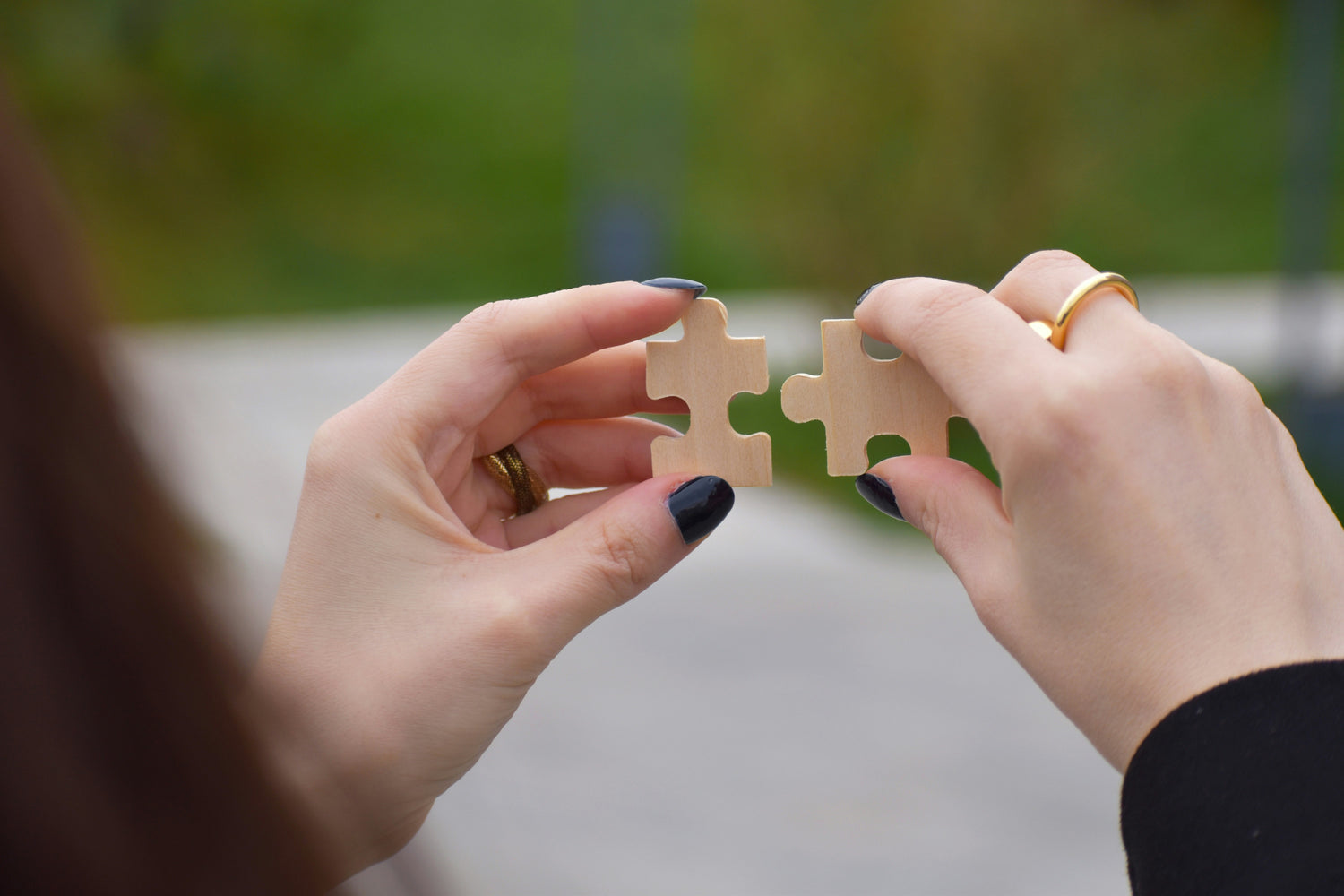 Two hands holding puzzle pieces against a blurred outdoor background. Enterprise software integrating EV management with ERP, GPS, IoT, and charging infrastructure.
