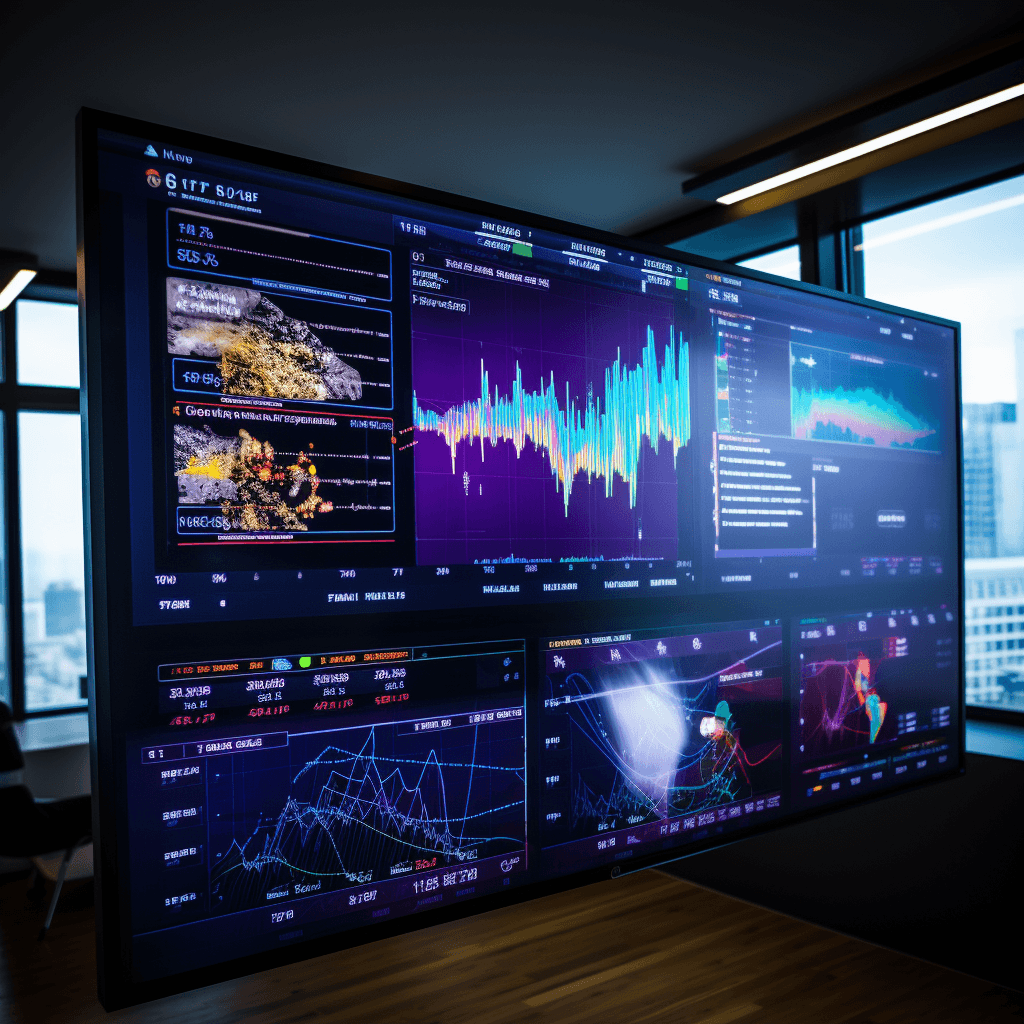 Large digital display screen with various digital twin data graphs and charts in a modern office setting.