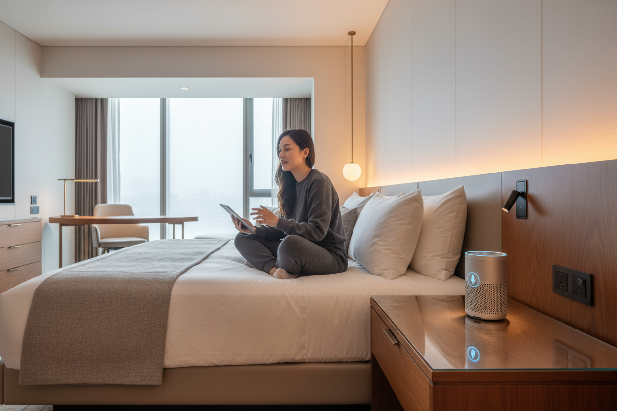 Scene: A modern hotel room with a guest comfortably seated on the bed, speaking naturally to a small tablet or smart speaker on the nightstand that displays a glowing microphone icon.
Mood: Warm, professional, and tech-forward — conveying comfort, simplicity, and intelligence.
Elements:
Modern hotel interior (soft lighting, clean design).
Tablet or smart display
Style: Realistic, high-resolution, premium hospitality imagery.