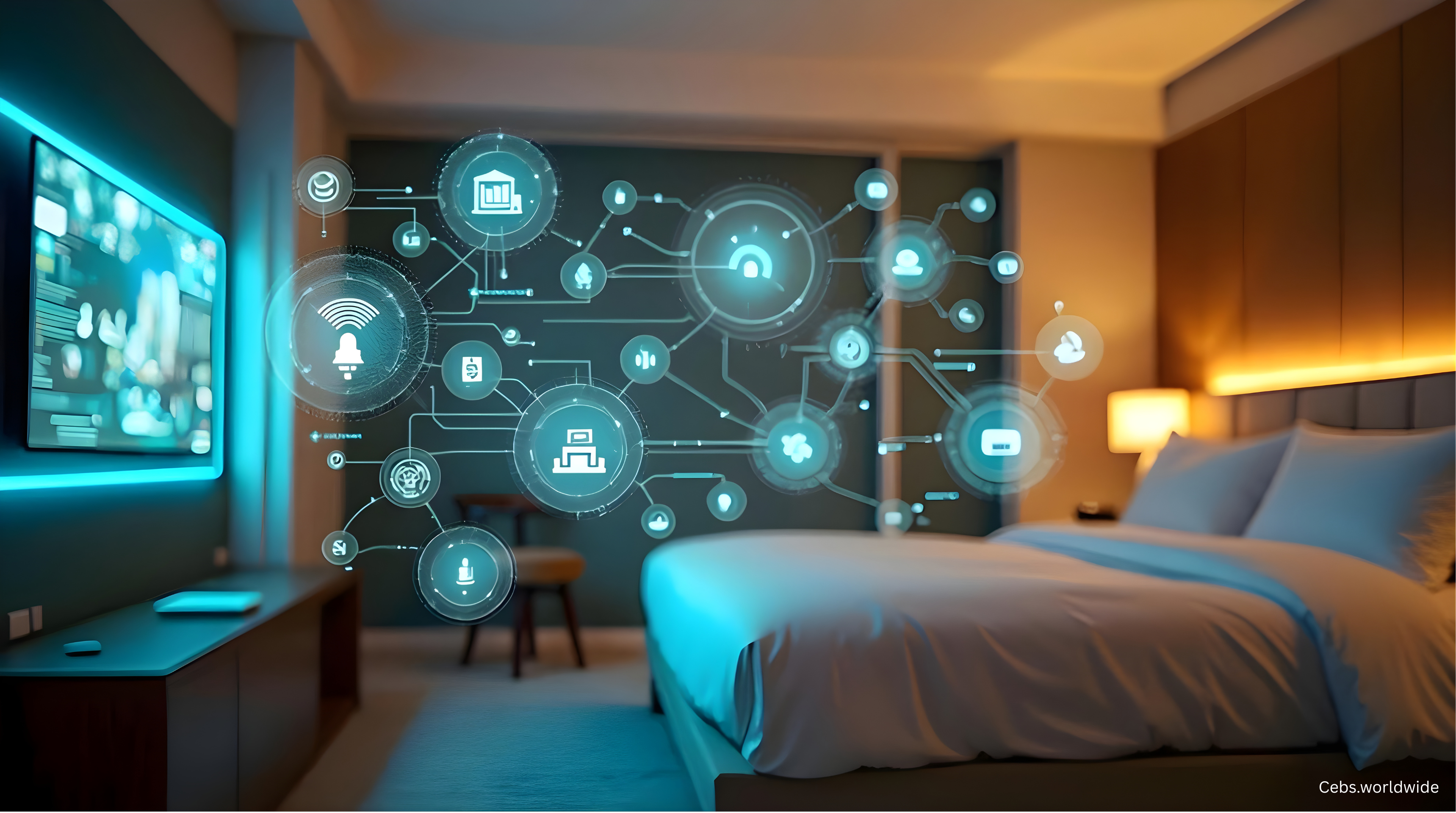 Modern bedroom with smart ai voice concierge technology interface on the wall of cebs worldwide